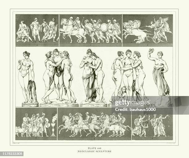 engraved antique, neoclassic sculpture engraving antique illustration, published 1851 - thinker statue stock illustrations