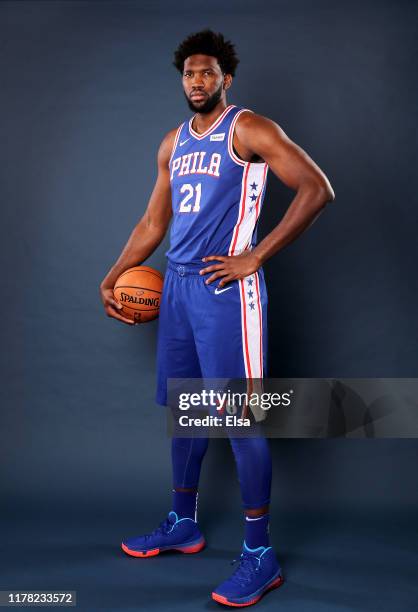 Joel Embiid of the Philadelphia 76ers poses for a portrait during Media Day at 76ers Training Complex on September 30, 2019 in Camden, New...