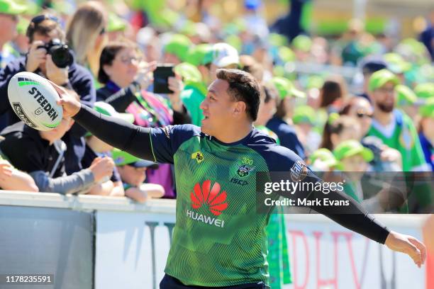 Josh Papalii of the Raiders looks towards fans during a Canberra Raiders Training Session & Media Opportunity at GIO Stadium on October 01, 2019 in...