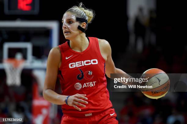 Elena Delle Donne of the Washington Mystics dribbles against the Connecticut Sun during the second half of WNBA Finals Game One at St Elizabeths East...