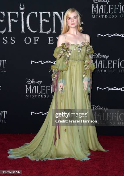 Elle Fanning attends the World Premiere of Disney's “Maleficent: Mistress of Evil" at El Capitan Theatre on September 30, 2019 in Los Angeles,...