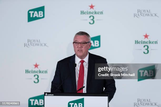 Greg Radly Speaks during the barrier draw for the Heineken 3 Metropolitan at Royal Randwick Racecourse on October 01, 2019 in Sydney, Australia.