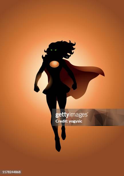 vector female superhero hovering in the air silhouette - female superhero flying stock illustrations
