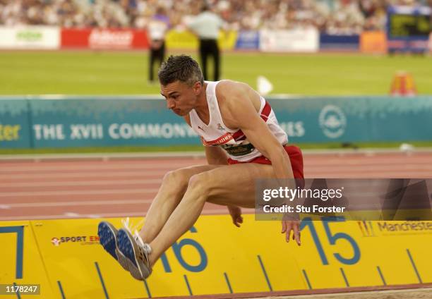 Jonathan Edwards of England in action during the Mens Triple Jump Final at City of Manchester Stadium during the 2002 Commonwealth Games, Manchester,...