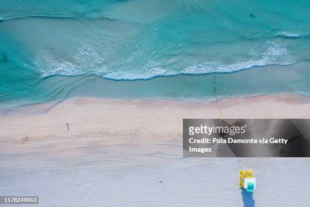 high drone view of south beach in miami beach, florida, usa - south beach stock pictures, royalty-free photos & images