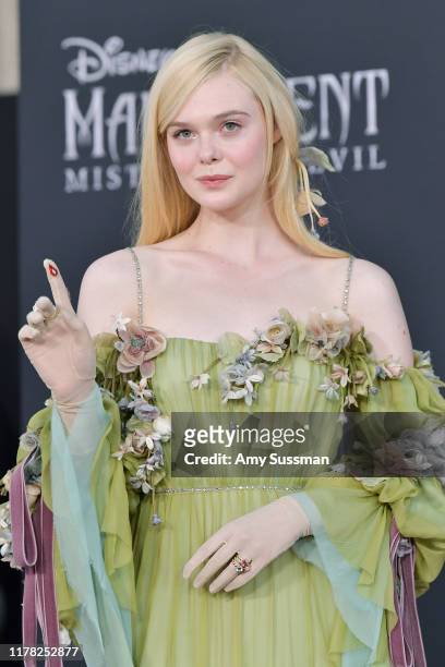 Elle Fanning attends the world premiere of Disney's “Maleficent: Mistress Of Evil" at El Capitan Theatre on September 30, 2019 in Los Angeles,...