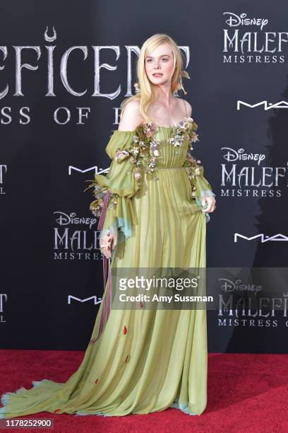 Elle Fanning attends the world premiere of Disney's “Maleficent: Mistress Of Evil" at El Capitan Theatre on September 30, 2019 in Los Angeles,...