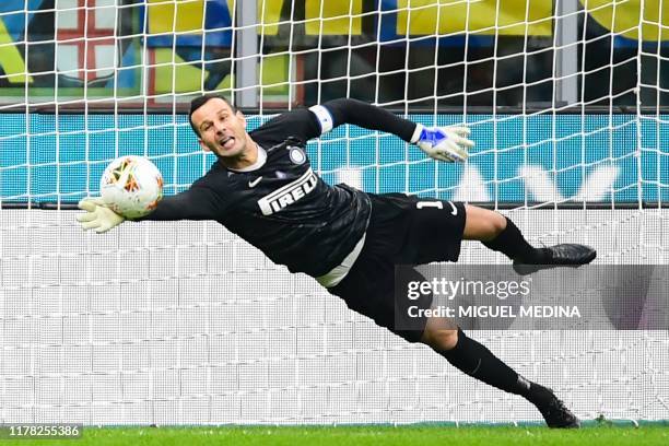 Inter Milan's Slovenian goalkeeper Samir Handanovic saves a ball during the Italian Serie A football match Inter Milan vs Parma on October 26, 2019...