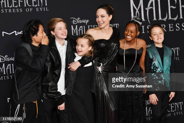Pax Thien Jolie-Pitt, Shiloh Nouvel Jolie-Pitt, Vivienne Marcheline Jolie-Pitt, Angelina Jolie, Zahara Marley Jolie-Pitt, and Knox Léon Jolie-Pitt...
