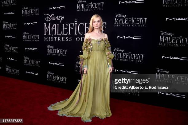 Actor Elle Fanning attends the World Premiere of Disney’s "Maleficent: Mistress of Evil" at the El Capitan Theatre on September 30, 2019 in...