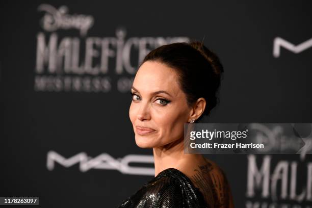 Angelina Jolie attends the World Premiere Of Disney's “Maleficent: Mistress Of Evil" - Red Carpet at El Capitan Theatre on September 30, 2019 in Los...