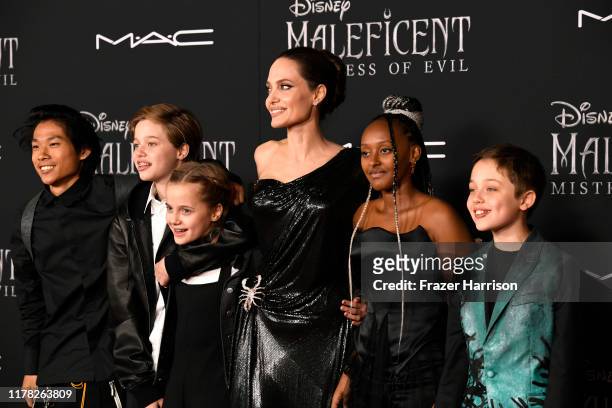 Pax Thien Jolie-Pitt, Shiloh Nouvel Jolie-Pitt, Vivienne Marcheline Jolie-Pitt, Angelina Jolie, Zahara Marley Jolie-Pitt, and Knox Leon Jolie-Pitt...
