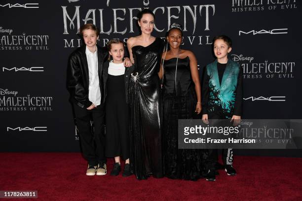 Shiloh Nouvel Jolie-Pitt, Vivienne Marcheline Jolie-Pitt, Angelina Jolie, Zahara Marley Jolie-Pitt, and Knox Leon Jolie-Pitt attends the World...