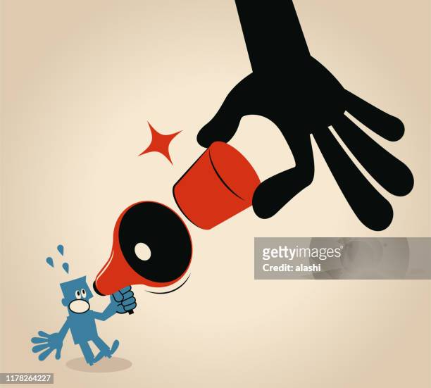ilustrações, clipart, desenhos animados e ícones de liberdade de expressão, mão grande que impede o homem azul que fala com o megafone por uma cortiça - cork stopper