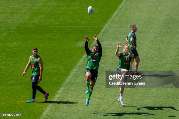 Josh Papalii of the Raiders jumps for the ball during a Canberra Raiders Training Session & Media Opportunity at GIO Stadium on October 01, 2019 in...