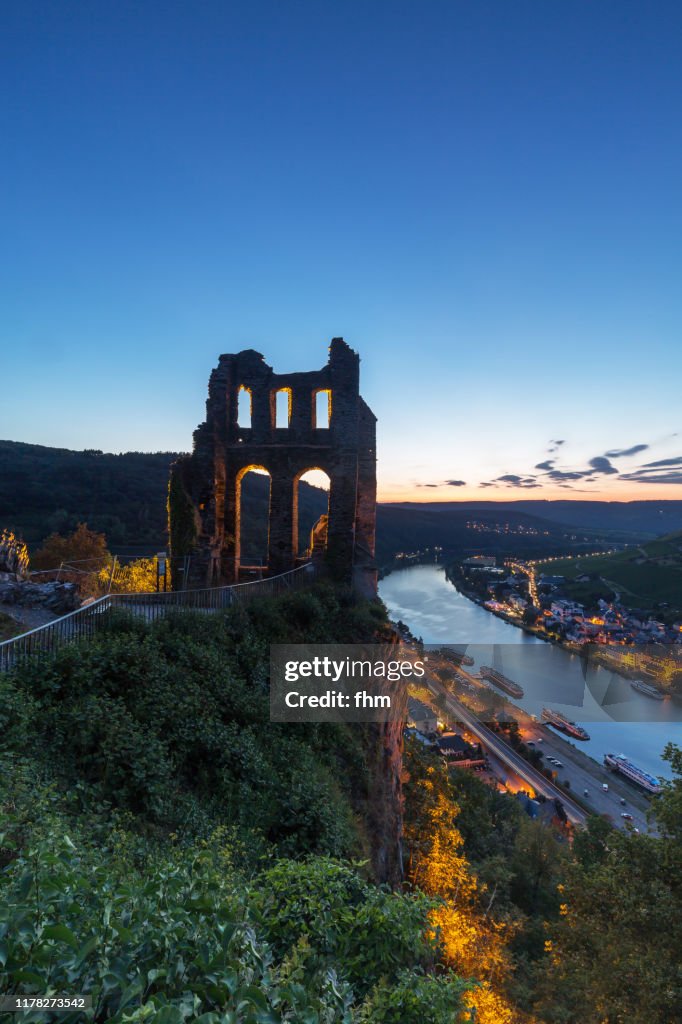 Traben-Trarbach with ruin of the Grevenburg at blue hour (Rhineland-Palatinate, germany)