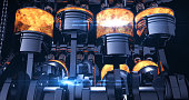 Fuel Injected V8 Engine With Explosions - 3D Illustration Render