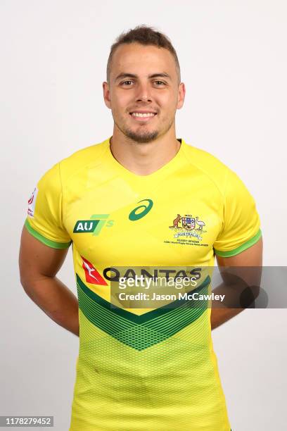 Trae Williams poses during the Australia 7's Team Headshots Session at Rugby Australia on October 01, 2019 in Sydney, Australia.