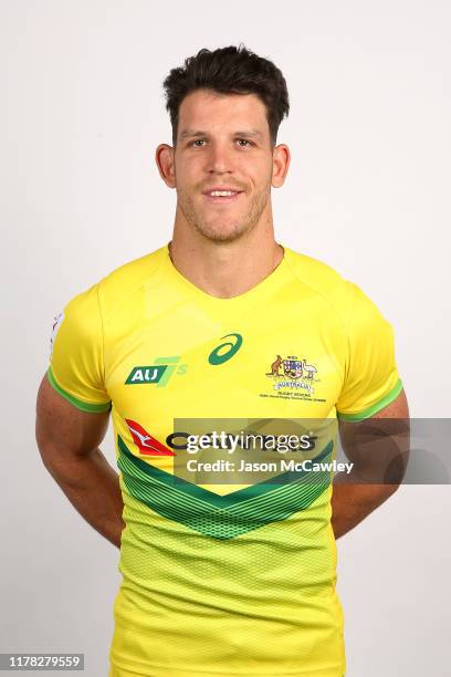 Simon Kennewell poses during the Australia 7's Team Headshots Session at Rugby Australia on October 01, 2019 in Sydney, Australia.