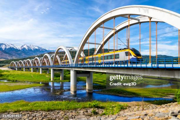 voorstad passagierstrein rijden door het viaduct naar het tatra-gebergte - krakow poland stockfoto's en -beelden