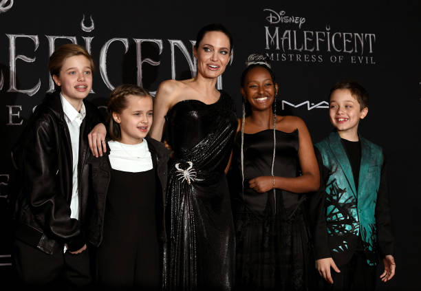 Shiloh Nouvel Jolie-Pitt, Vivienne Marcheline Jolie-Pitt, Angelina Jolie, Zahara Narley Jolie-Pitt and Knox Leon Jolie-Pitt arrive at the premiere of...