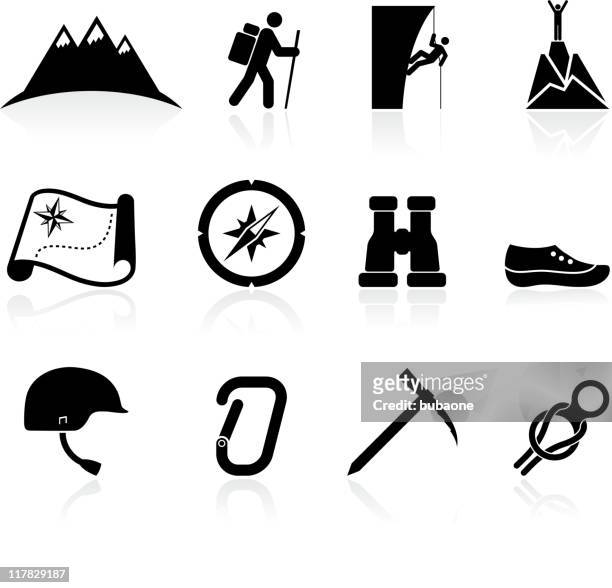 mountain climbing black and white royalty free vector icon set - ice axe 幅插畫檔、美工圖案、卡通及圖標