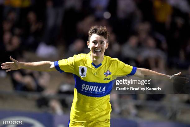 Andrew Pengelly of the Strikers celebrates scoring a goal during the FFA Cup 2019 Semi Final between the Brisbane Strikers and Melbourne City FC at...