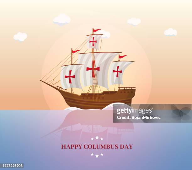 columbus day poster. ship on sea. vector - caravel stock illustrations