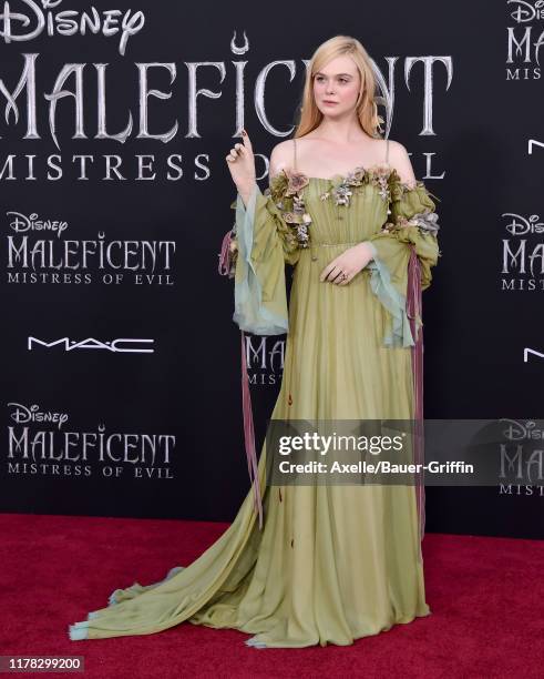 Elle Fanning attends the World Premiere of Disney's “Maleficent: Mistress of Evil" at El Capitan Theatre on September 30, 2019 in Los Angeles,...