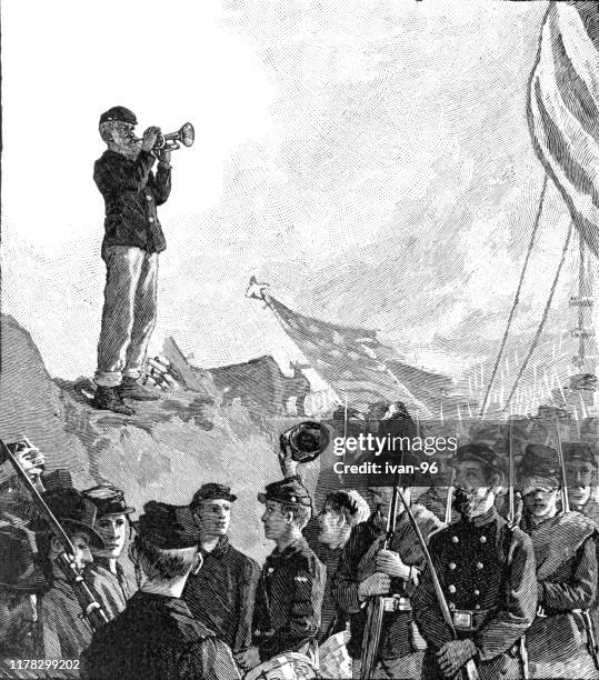 bugler bei fort macon - blechblasinstrument stock-grafiken, -clipart, -cartoons und -symbole