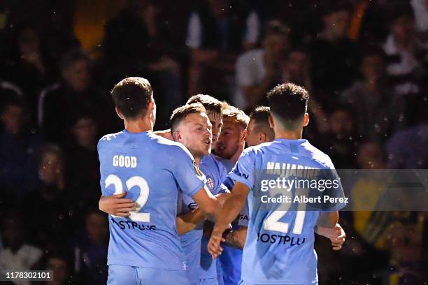 Melbourne City players celebrate Connor Metcalfe's goal during the FFA Cup 2019 Semi Final between the Brisbane Strikers and Melbourne City FC at...