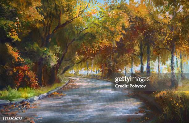 autumn alley in oil painting - artists canvas stock illustrations