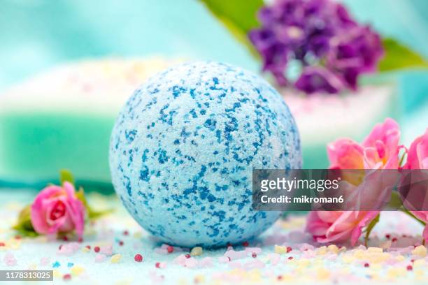 spa composition with bath bombs, bath spa accessories - bath bomb stock pictures, royalty-free photos & images