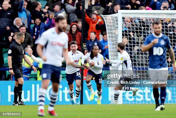 Preston North End's Daniel Johnson celebrates with team-mates after scoring his side's equalising goal from the penalty spot to make the score 2 - 2...