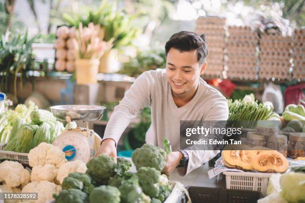 an asian malay vegetable retail owner arranging his vegetables getting ready for the business - arranging products stock pictures, royalty-free photos & images