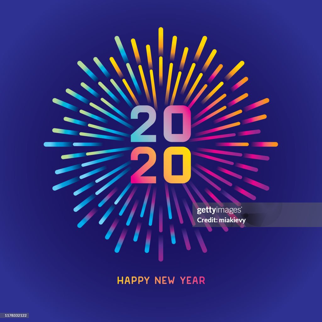 2020 New year card with colorful fireworks