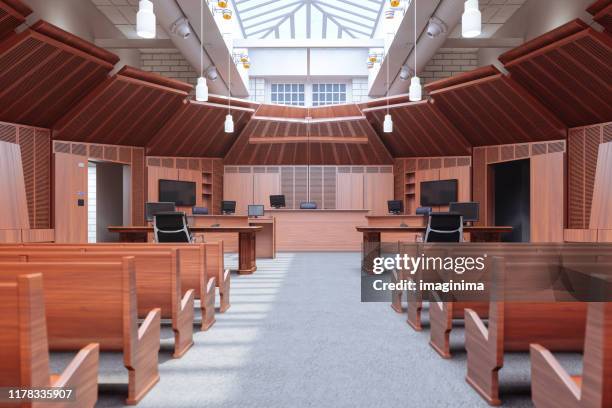 leerer gerichtssaal - empty courtroom stock-fotos und bilder