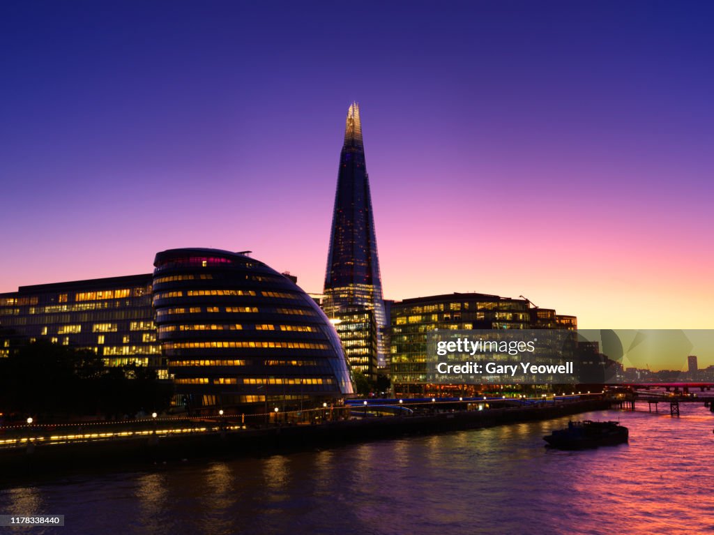 London city skyline and Shard at sunset
