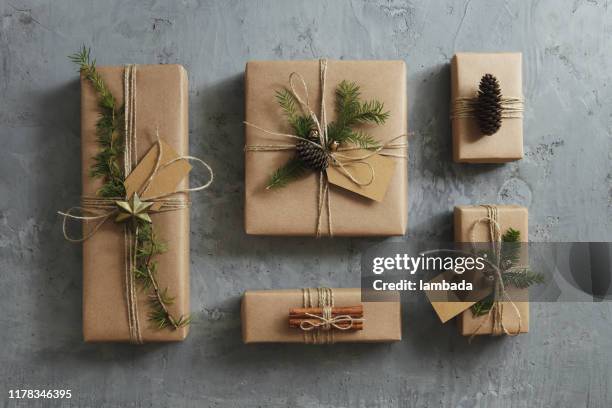 high angle view of christmas presents - wrap up stock pictures, royalty-free photos & images