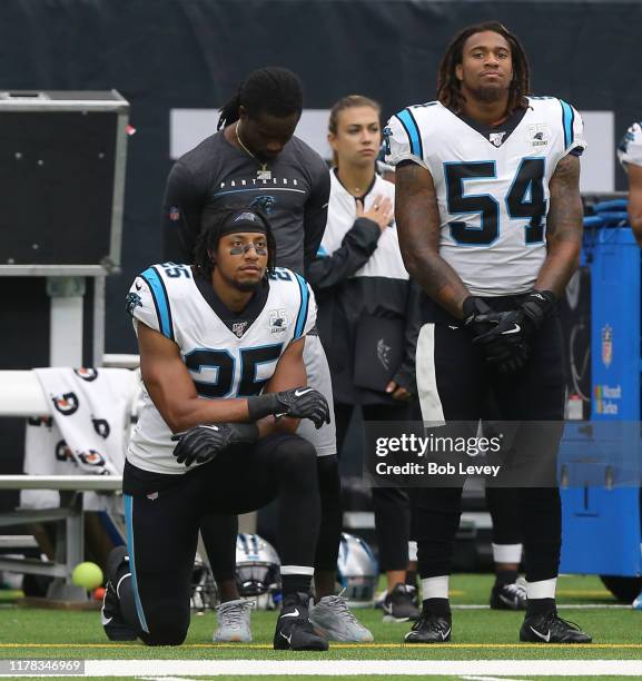 Eric Reid of the Carolina Panthers kneels during the National Anthem before playing the Houston Texans at NRG Stadium on September 29, 2019 in...