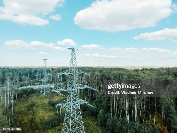 aerial photo of the drone, high-voltage transmission line. Day, Sunny. Russia, St. Petersburg