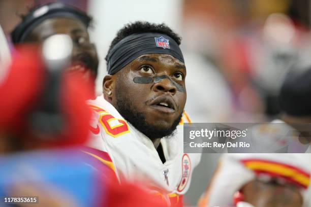 Emmanuel Ogbah of the Kansas City Chiefs looks on from the bench during a game against the Detroit Lions at Ford Field on September 29, 2019 in...