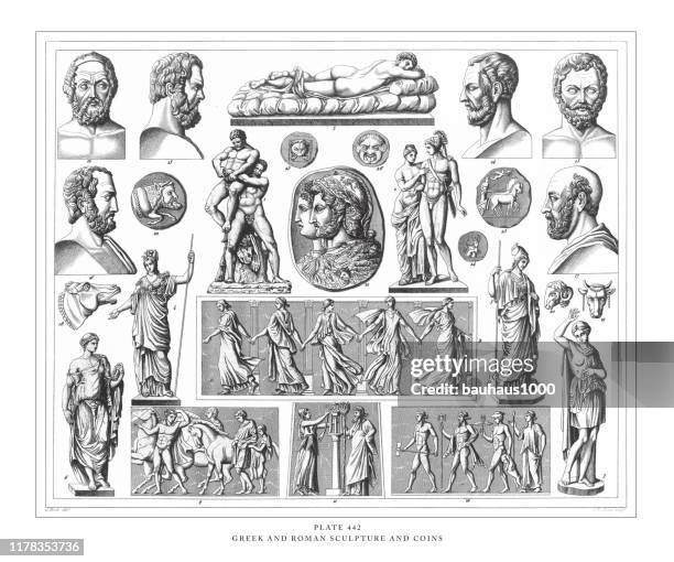 stockillustraties, clipart, cartoons en iconen met griekse en romeinse beeldhouwkunst en munten gravure antieke illustratie, gepubliceerd 1851 - greek statue