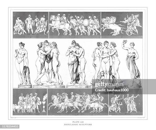 stockillustraties, clipart, cartoons en iconen met neoneoclassic sculptuur gravure antieke illustratie, gepubliceerd 1851 - de drie gratiën