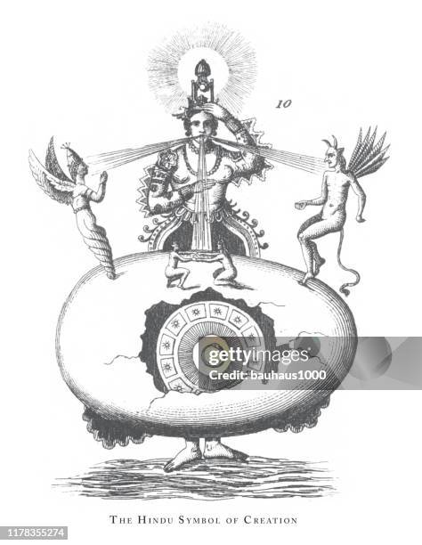 hindu symbol of creation, hindu and buddhist religious symbols and religious implements engraving antique illustration, published 1851 - buddhist goddess stock illustrations