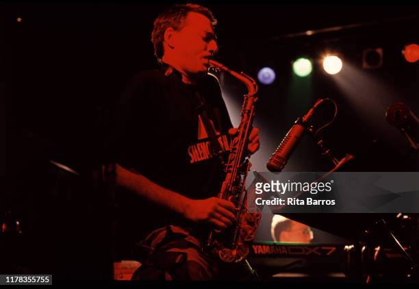 American Jazz & experimental musician John Zorn, of the group Naked City, plays saxophone as he performs onstage at the Marquee, New York, New York,...