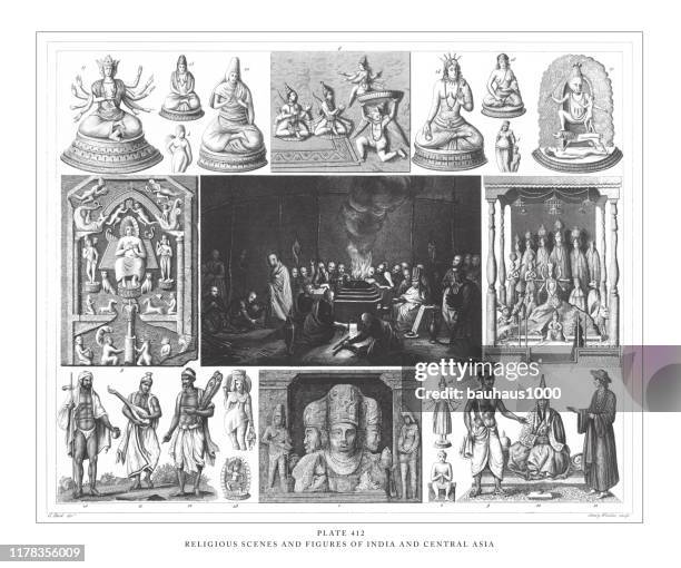 インドと中央アジアの宗教的場面と人物がアンティークイラストを彫刻、1851年発行 - サドゥー点のイラスト素材／クリップアート素材／マンガ素材／アイコン素材