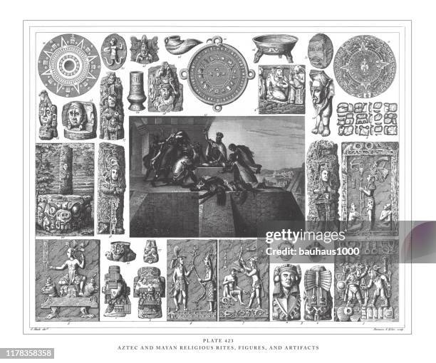 aztec and mayan religious rites, figures and artifacts,  engraving antique illustration, published 1851 - maya guatemala stock illustrations