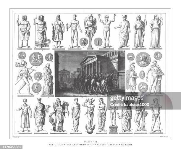 religious rites and figures of ancient greece and rome engraving antique illustration, published 1851 - hermes greek god stock illustrations