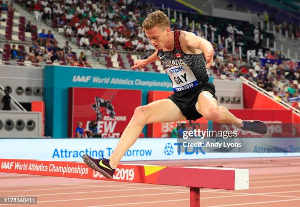 John Gay of Canada competes in the Men's 3000 Metres Steeplechase heats during day five of 17th IAAF World Athletics Championships Doha 2019 at...